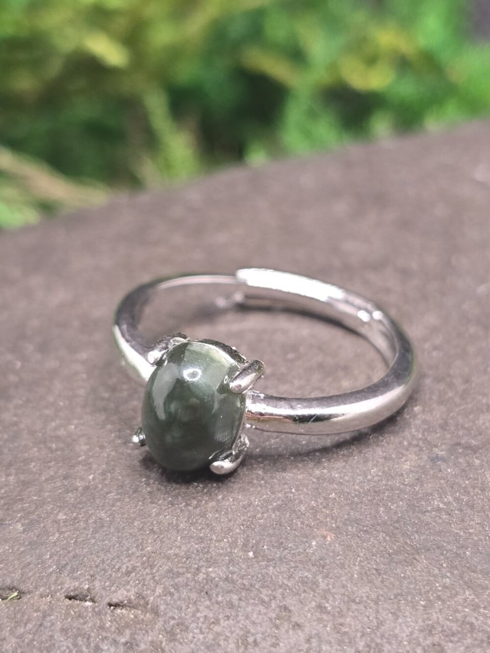 Nephrite Jade Oval Adjustable Ring Size 6-10 Silver Tone Gemstone Jewelry